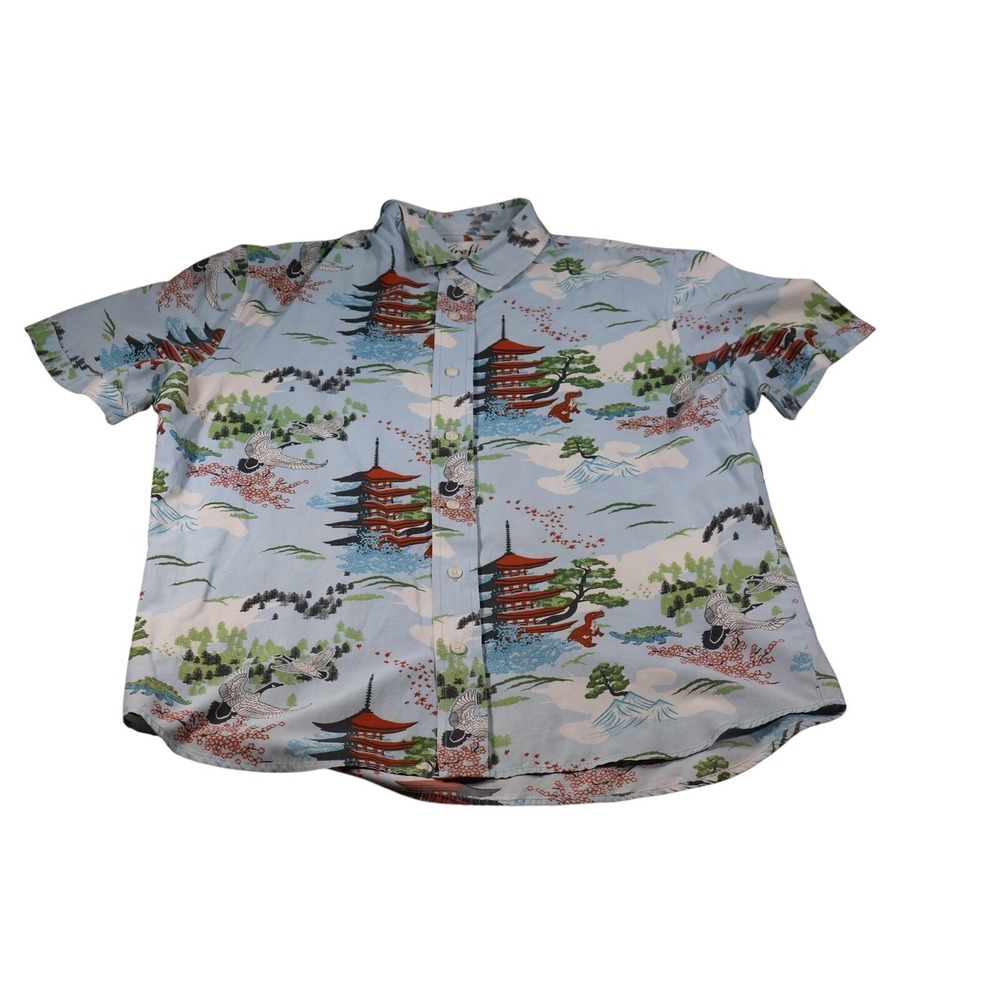 Firefly Shirt Mens L Blue Pagoda Graphic Polyester Cotton Button Up Short Sleeve